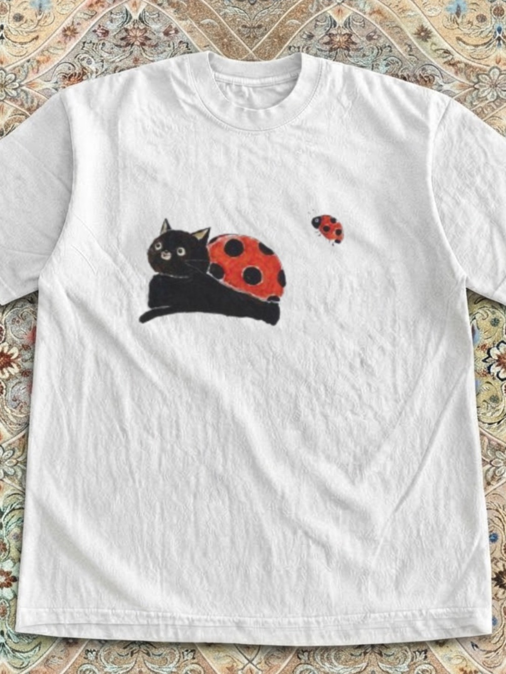Gildan White Tee with Black Cat and Red Ladybug Print
